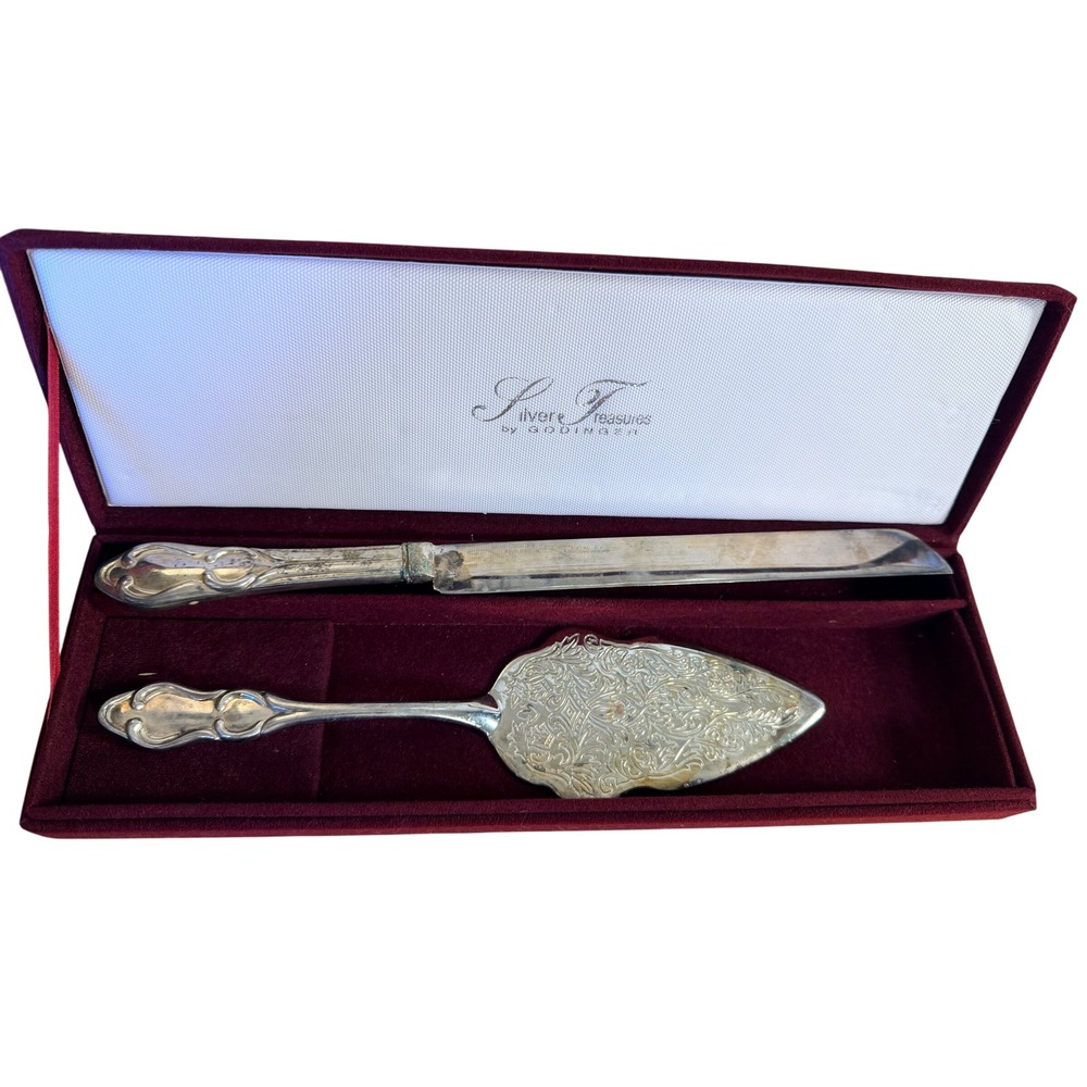Godinger Cake Server Set Silver Plate Ornate Floral Wedding 2pc Vtg. Victorian